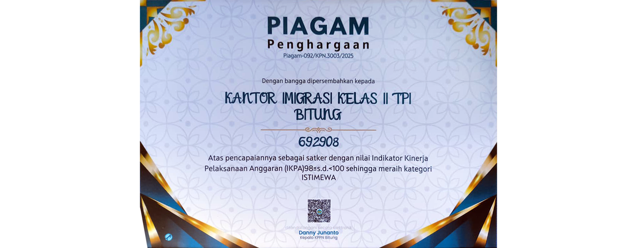 Kantor Imigrasi Bitung Raih Penghargaan Kategori ISTIMEWA atas Kinerja Pelaksanaan Anggaran (IKPA)